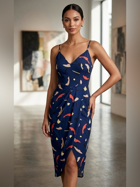 Shona Joy Dresses & Skirts - Shona Joy Navy Abstract Midi Slip Dress with Coral & Cream Accents